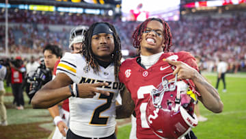 Oct 26, 2024; Tuscaloosa, Alabama, USA;  Missouri Tigers wide receiver Marquis Johnson (2) poses for a photo with Alabama Crimson Tide wide receiver Ryan Williams (2) after a game at Bryant-Denny Stadium. Mandatory Credit: Will McLelland-Imagn Images