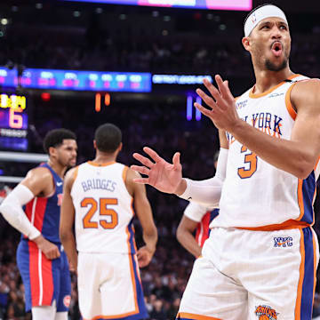 Apr 29, 2025; New York, New York, USA; New York Knicks guard Josh Hart (3) reacts after being called for a foul in the second quarter against the Detroit Pistons during game five of first round for the 2025 NBA Playoffs at Madison Square Garden. Mandatory Credit: Wendell Cruz-Imagn Images