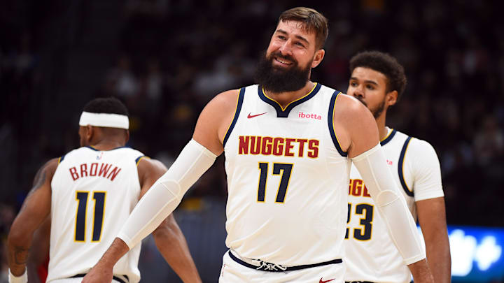 Oct 14, 2025; Denver, Colorado, USA; Denver Nuggets center Jonas Valanciunas (17) walks off the floor for a timeout during the first half against the Chicago Bulls at Ball Arena. Mandatory Credit: Christopher Hanewinckel-Imagn Images