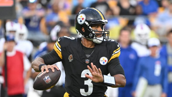 Aug 17, 2024; Pittsburgh, Pennsylvania, USA;  Pittsburgh Steelers quarterback Russell Wilson (3) looks to pass against the Buffalo Bills during the first quarter at Acrisure Stadium. Mandatory Credit: Barry Reeger-USA TODAY Sports