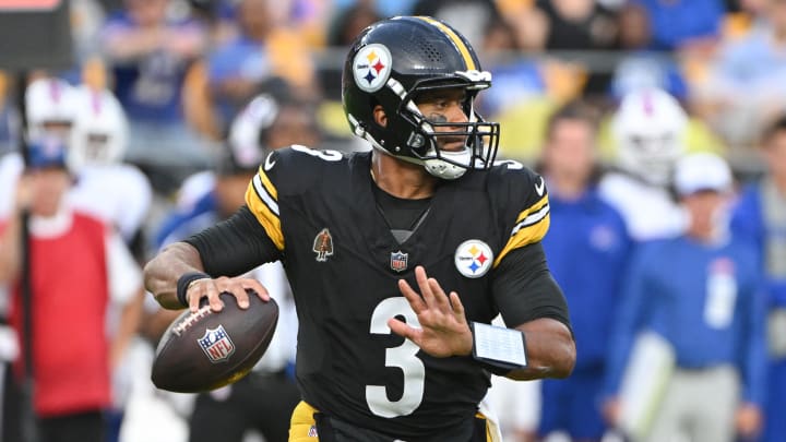 Aug 17, 2024; Pittsburgh, Pennsylvania, USA;  Pittsburgh Steelers quarterback Russell Wilson (3) looks to pass against the Buffalo Bills during the first quarter at Acrisure Stadium. Mandatory Credit: Barry Reeger-USA TODAY Sports