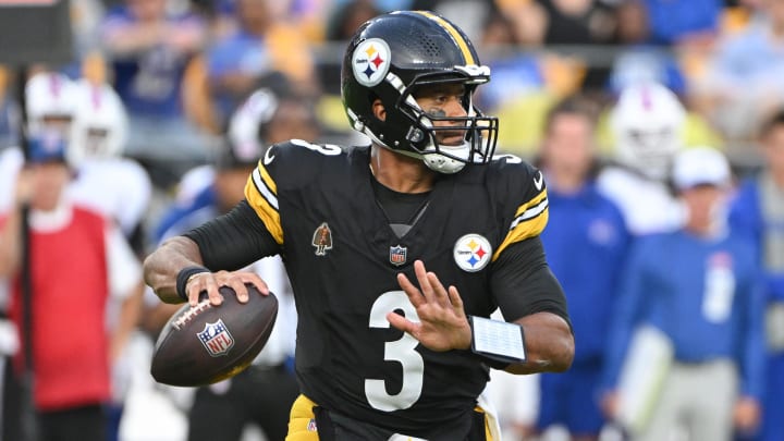 Aug 17, 2024; Pittsburgh, Pennsylvania, USA;  Pittsburgh Steelers quarterback Russell Wilson (3) looks to pass against the Buffalo Bills during the first quarter at Acrisure Stadium. Mandatory Credit: Barry Reeger-USA TODAY Sports