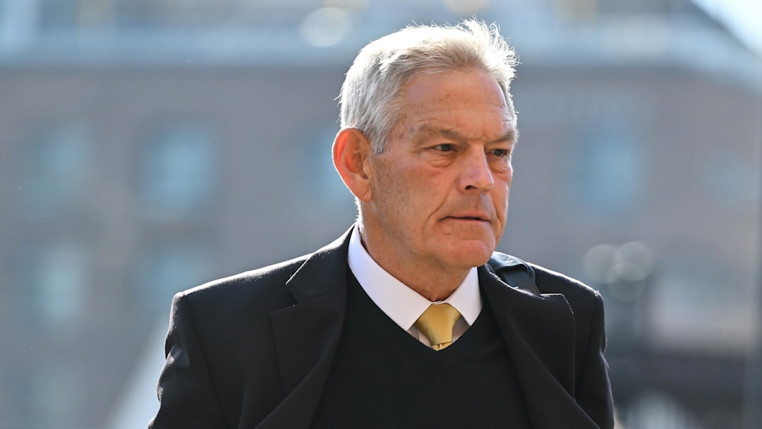 Nov 22, 2025; Iowa City, Iowa, USA; Iowa Hawkeyes head coach Kirk Ferentz enters Kinnick Stadium before the game against the Michigan State Spartans. Mandatory Credit: Jeffrey Becker-Imagn Images