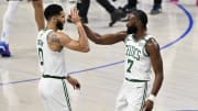 Jun 12, 2024; Dallas, Texas, USA; Boston Celtics forward Jayson Tatum (0) and guard Jaylen Brown (7) celebrate after a play during the first quarter in game three of the 2024 NBA Finals against the Dallas Mavericks at American Airlines Center. Mandatory Credit: Jerome Miron-USA TODAY Sports