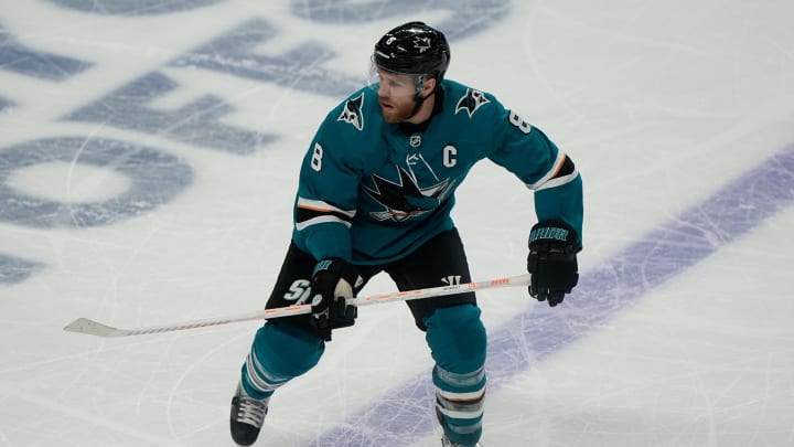 May 11, 2019; San Jose, CA, USA; San Jose Sharks center Joe Pavelski (8) in the game against the St. Louis Blues during the first period in game one of the Western Conference Final of the 2019 Stanley Cup Playoffs at SAP Center at San Jose. Mandatory Credit: Stan Szeto-USA TODAY Sports