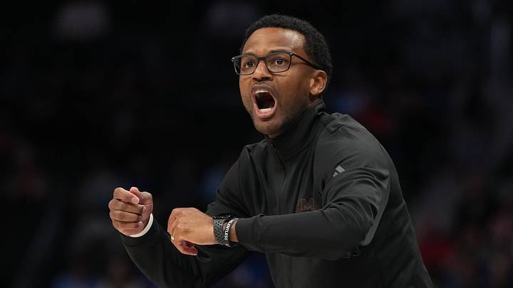 Mar 12, 2026; Charlotte, NC, USA; Miami (FL) Hurricanes head coach Jai Lucas reacts in the first half at Spectrum Center. Mandatory Credit: Bob Donnan-Imagn Images
