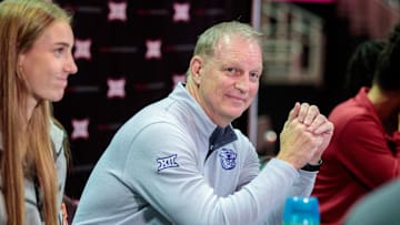 Oct 18, 2022; Kansas City, Missouri, US; Kansas State coach Jeff Mittie interviewed during the womens Big 12 Basketball Tipoff event at the T-Mobile Center. Mandatory Credit: William Purnell-Imagn Images