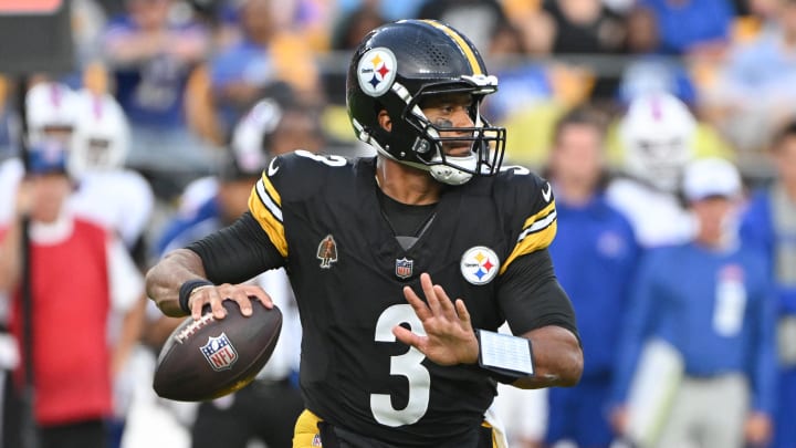 Aug 17, 2024; Pittsburgh, Pennsylvania, USA;  Pittsburgh Steelers quarterback Russell Wilson (3) looks to pass against the Buffalo Bills during the first quarter at Acrisure Stadium. Mandatory Credit: Barry Reeger-USA TODAY Sports