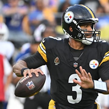 Aug 17, 2024; Pittsburgh, Pennsylvania, USA;  Pittsburgh Steelers quarterback Russell Wilson (3) looks to pass against the Buffalo Bills during the first quarter at Acrisure Stadium. Mandatory Credit: Barry Reeger-Imagn Images