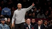 Apr 10, 2025; Brooklyn, New York, USA; Brooklyn Nets head coach Jordi Fernandez coaches against the Atlanta Hawks during the second quarter at Barclays Center. Mandatory Credit: Brad Penner-Imagn Images