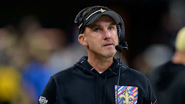 Oct 19, 2023; New Orleans, Louisiana, USA; New Orleans Saints head coach Dennis Allen watches the scoreboard against the Jacksonville Jaguars during the second quarter at the Caesars Superdome. Mandatory Credit: Matthew Hinton-Imagn Images