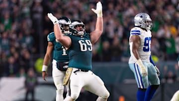 Philadelphia Eagles guard Landon Dickerson reacts to a touchdown against the Dallas Cowboys in 2023.