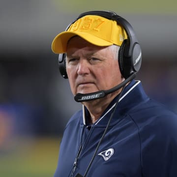 Nov 25, 2019; Los Angeles, CA, USA; Los Angeles Rams defensive coordinator Wade Phillips watches from the sidelines in the fourth quarter at Los Angeles Memorial Coliseum. The Ravens defeated the Rams 45-6. Mandatory Credit: Kirby Lee-USA TODAY Sports