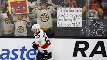 Oct 21, 2025; Boston, Massachusetts, USA; Florida Panthers left wing Brad Marchand (63) skates during warm ups before their game against the Boston Bruins period at TD Garden. Mandatory Credit: Winslow Townson-Imagn Images