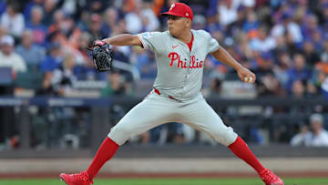Oct 9, 2024; New York, New York, USA;  Philadelphia Phillies pitcher Ranger Suarez (55) throws a pitch against the New York Mets in the first inning in game four of the NLDS for the 2024 MLB Playoffs at Citi Field. 