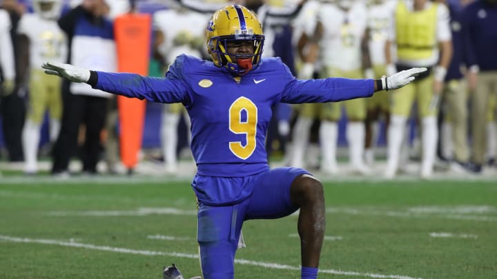 Oct 1, 2022; Pittsburgh, Pennsylvania, USA;  Pittsburgh Panthers defensive back Brandon Hill (9) celebrates a defensive stop against the Georgia Tech Yellow Jackets during the third quarter at Acrisure Stadium. Mandatory Credit: Charles LeClaire-USA TODAY Sports