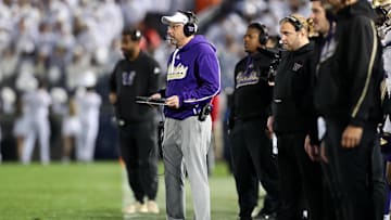 Nov 9, 2024; University Park, Pennsylvania, USA; Washington Huskies head coach Jedd Fisch looks on from the sideline during the second quarter against the Penn State Nittany Lions at Beaver Stadium. Mandatory Credit: Matthew O'Haren-Imagn Images