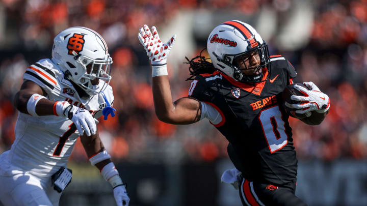 Oregon State Beavers running back Anthony Hankerson (0) runs the ball to score a touchdown in the first half of the game against Idaho State on Saturday, Aug. 31, 2024 at Reser Stadium in Corvallis, Ore.