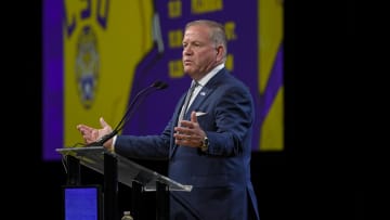 Jul 17, 2023; Nashville, TN, USA;  LSU Tigers head coach Brian Kelly talks with the media during SEC Media Days at Grand Hyatt. Mandatory Credit: Steve Roberts-USA TODAY Sports