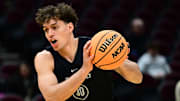 Mar 20, 2025; Cleveland, OH, USA; Vanderbilt Commodores guard Chris Manon (30) drives to the basket during practice at Rocket Arena. Mandatory Credit: Ken Blaze-Imagn Images