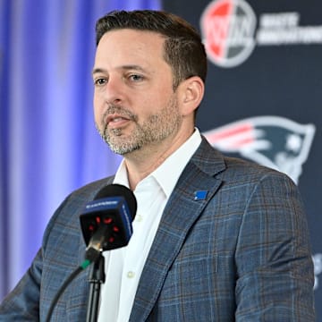 Mar 13, 2025; Foxborough, MA, USA; New England Patriots executive vice president of player personnel Eliot Wolf  discusses the teamís recent free agent additions with the media at Gillette Stadium. Mandatory Credit: Eric Canha-Imagn Images