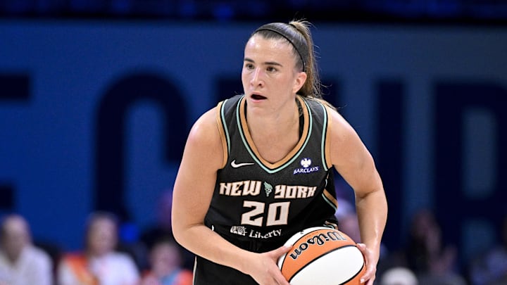 Aug 8, 2025; Arlington, Texas, USA; New York Liberty guard Sabrina Ionescu (20) in action during the game between the Dallas Wings and the New York Liberty at College Park Center. Mandatory Credit: Jerome Miron-Imagn Images