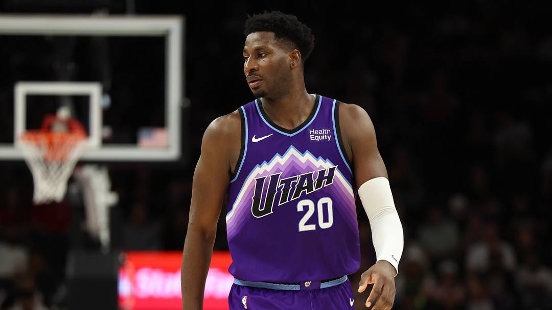 Oct 16, 2026; Phoenix, Arizona, USA;  Utah Jazz forward/center Jaren Jackson Jr. (20) looks off the court against the Phoenix Suns in the first half at Mortgage Matchup Center.  Mandatory Credit: Anna Carrington-Imagn Images