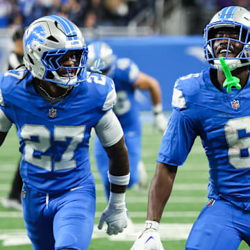 Detroit Lions cornerback Terrion Arnold (6) celebrates an interception in the second quarter against the Vikings