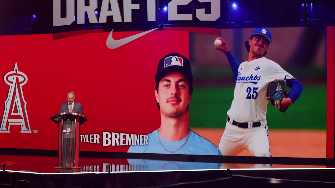 Jul 13, 2025; Atlanta, GA, USA; Tyler Bremner is drafted by the Los Angeles Angels with the second pick during the first round of the MLB Draft at The Coca-Cola Roxy. Mandatory Credit: Brett Davis-Imagn Images