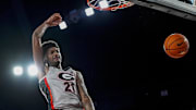 Nov 9, 2025; Athens, Georgia, USA; Georgia Bulldogs forward Jake Wilkins (21) dunks the ball against the Morehead State Eagles during the first half at Stegeman Coliseum.