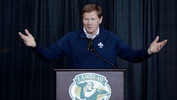 Green Bay Packers president and CEO Mark Murphy speaks during the Green Bay Packers FAN Hall of Fame ceremony on Feb. 17, 2025, at Lambeau Field in Green Bay, Wis.