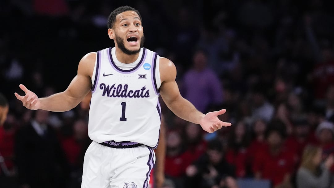 Mar 25, 2023; New York, NY, USA; Kansas State Wildcats guard Markquis Nowell (1) reacts during the first half of an NCAA tournament East Regional final against the Florida Atlantic Owls at Madison Square Garden. Mandatory Credit: Robert Deutsch-Imagn Images