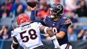 Aug 17, 2024; Chicago, Illinois, USA; Chicago Bears quarterback Caleb Williams (18) passes the ball against the Cincinnati Bengals during the first quarter at Soldier Field. Mandatory Credit: Daniel Bartel-USA TODAY Sports