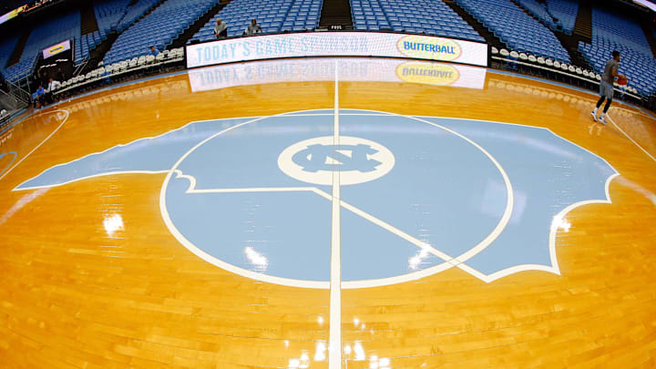 Dec 6, 2017; Chapel Hill, NC, USA; A general view of the logo on the court prior to the game between the North Carolina Tar Heels and the Western Carolina Catamounts at Dean E. Smith Center. Mandatory Credit: Jeremy Brevard-Imagn Images