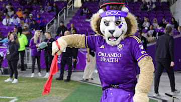 Nov 30, 2024; Orlando, Florida, USA; Orlando City mascot Kingston before the 2024 MLS Cup Eastern Conference Final match at Inter&Co Stadium. Mandatory Credit: Mike Watters-Imagn Images