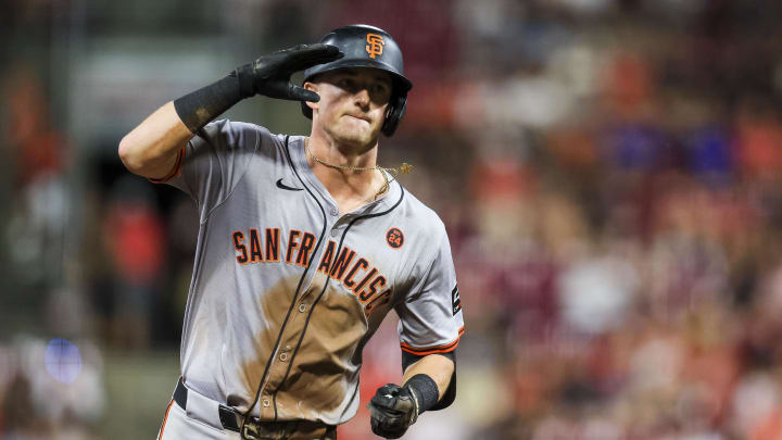 Aug 2, 2024; Cincinnati, Ohio, USA; San Francisco Giants shortstop Tyler Fitzgerald (49) reacts after hitting a solo home run in the seventh inning against the Cincinnati Reds at Great American Ball Park. Mandatory Credit: Katie Stratman-USA TODAY Sports