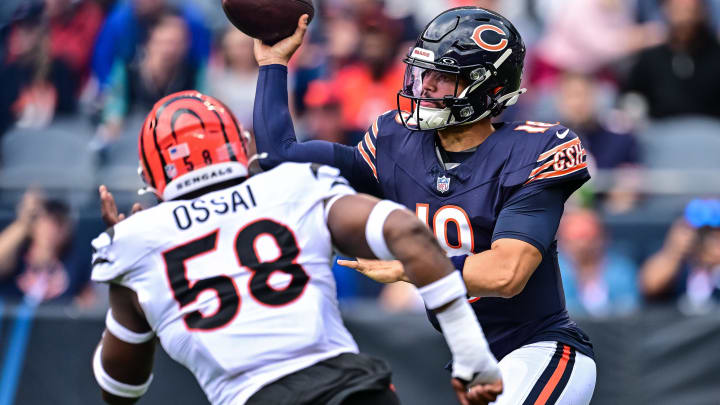 Aug 17, 2024; Chicago, Illinois, USA; Chicago Bears quarterback Caleb Williams (18) passes the ball against the Cincinnati Bengals during the first quarter at Soldier Field. Mandatory Credit: Daniel Bartel-USA TODAY Sports