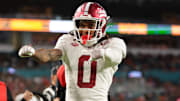 Oct 25, 2025; Miami Gardens, Florida, USA; Stanford Cardinal wide receiver Caden High (0) celebrates after scoring a touchdown against the Miami Hurricanes during the first quarter at Hard Rock Stadium. Mandatory Credit: Sam Navarro-Imagn Images