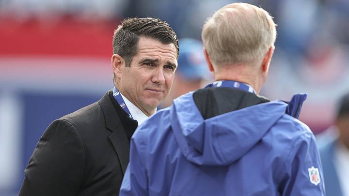Dec 29, 2024; East Rutherford, New Jersey, USA; New York Giants owner John Mara, right, and general manager Joe Schoen, left, talk before the game against the Indianapolis Colts at MetLife Stadium. Mandatory Credit: Vincent Carchietta-Imagn Images