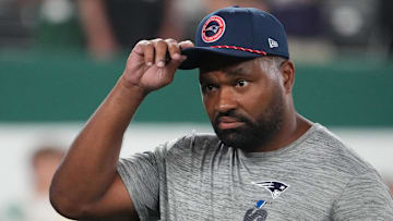 Sep 19, 2024; East Rutherford, New Jersey, USA;  New England Patriots head coach Jerod Mayo pre game against the New York Jets at MetLife Stadium. Mandatory Credit: Robert Deutsch-Imagn Images