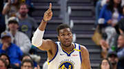 Apr 13, 2025; San Francisco, California, USA; Golden State Warriors forward Kevon Looney (5) reacts after making a basket against the LA Clippers during the third quarter at Chase Center. Mandatory Credit: Robert Edwards-Imagn Images