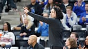 Nov 3, 2025; Paris, FRA;  Duke Blue Devils head coach Kara Lawson calls a play against the Baylor Bears during the first half at Adidas Arena. Mandatory Credit: Chris Jones-Imagn Images
