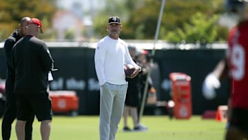 Jun 10, 2025; Santa Clara, CA, USA; San Francisco 49ers head coach Kyle Shanahan watches his players work out during an OTA at Levi's Stadium. Mandatory Credit: D. Ross Cameron-Imagn Images