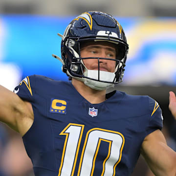 Oct 23, 2025; Inglewood, California, USA; Los Angeles Chargers quarterback Justin Herbert (10) practices before the game against the Minnesota Vikings at SoFi Stadium. Mandatory Credit: Jayne Kamin-Oncea-Imagn Images