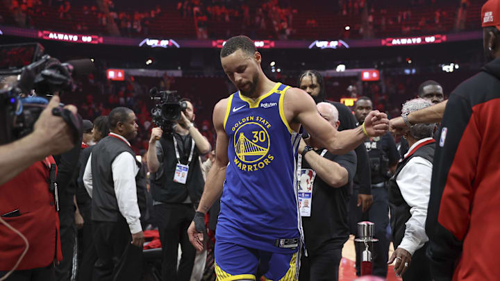 Apr 20, 2025; Houston, Texas, USA; Golden State Warriors guard Stephen Curry (30) walks off the court after the game against the Houston Rockets at Toyota Center. Mandatory Credit: Troy Taormina-Imagn Images