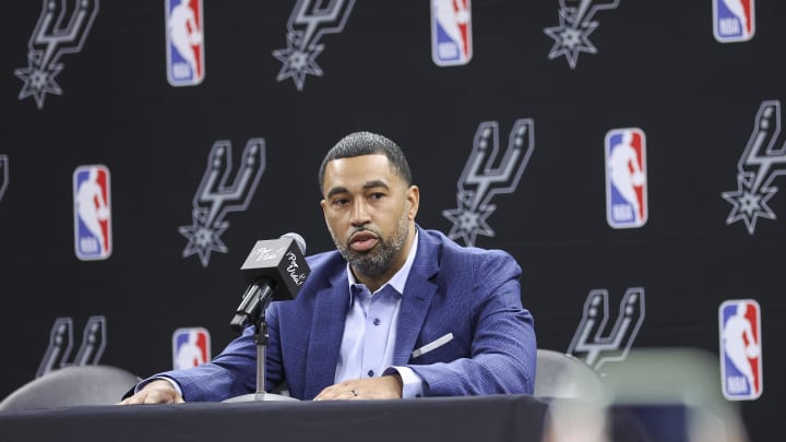 Jun 24, 2023; San Antonio, TX, USA; San Antonio Spurs general manager Brian Wright speaks at a press conference at Frost Bank Center.