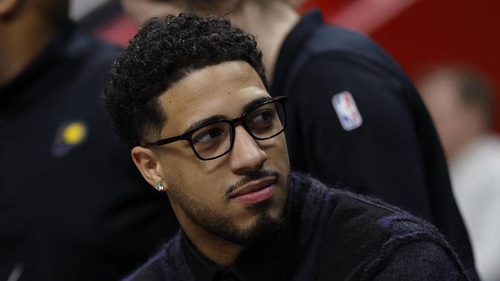 Indiana Pacers guard Tyrese Haliburton (0) looks on in the second half against the Detroit Pistons at Little Caesars Arena.