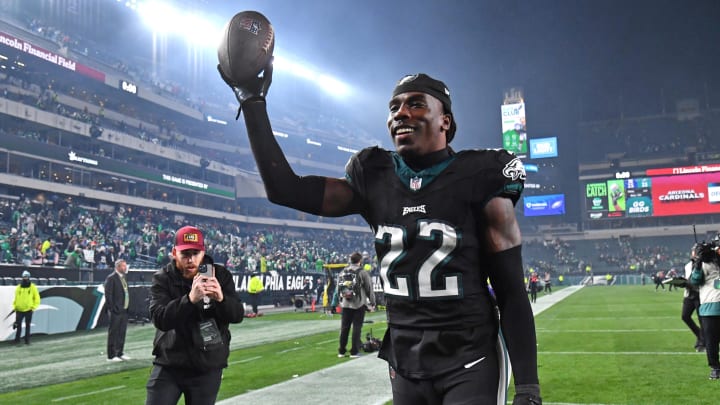 Dec 25, 2023; Philadelphia, Pennsylvania, USA; Philadelphia Eagles cornerback Kelee Ringo (22) runs off the field after win against the New York Giants at Lincoln Financial Field. Mandatory Credit: Eric Hartline-USA TODAY Sports