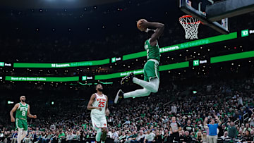 Jaylen Brown soars for a dunk vs. the Knicks