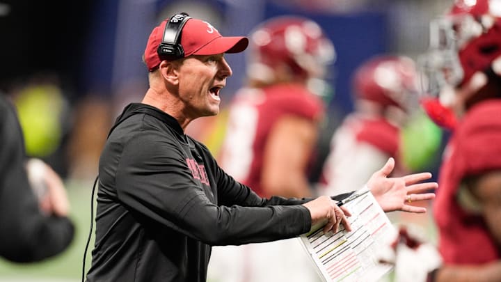 Dec 6, 2025; Atlanta, GA, USA; Alabama Crimson Tide head coach Kalen Deboer reacts during the fourth quarter against the Georgia Bulldogs during the 2025 SEC Championship game at Mercedes-Benz Stadium. Mandatory Credit: Dale Zanine-Imagn Images